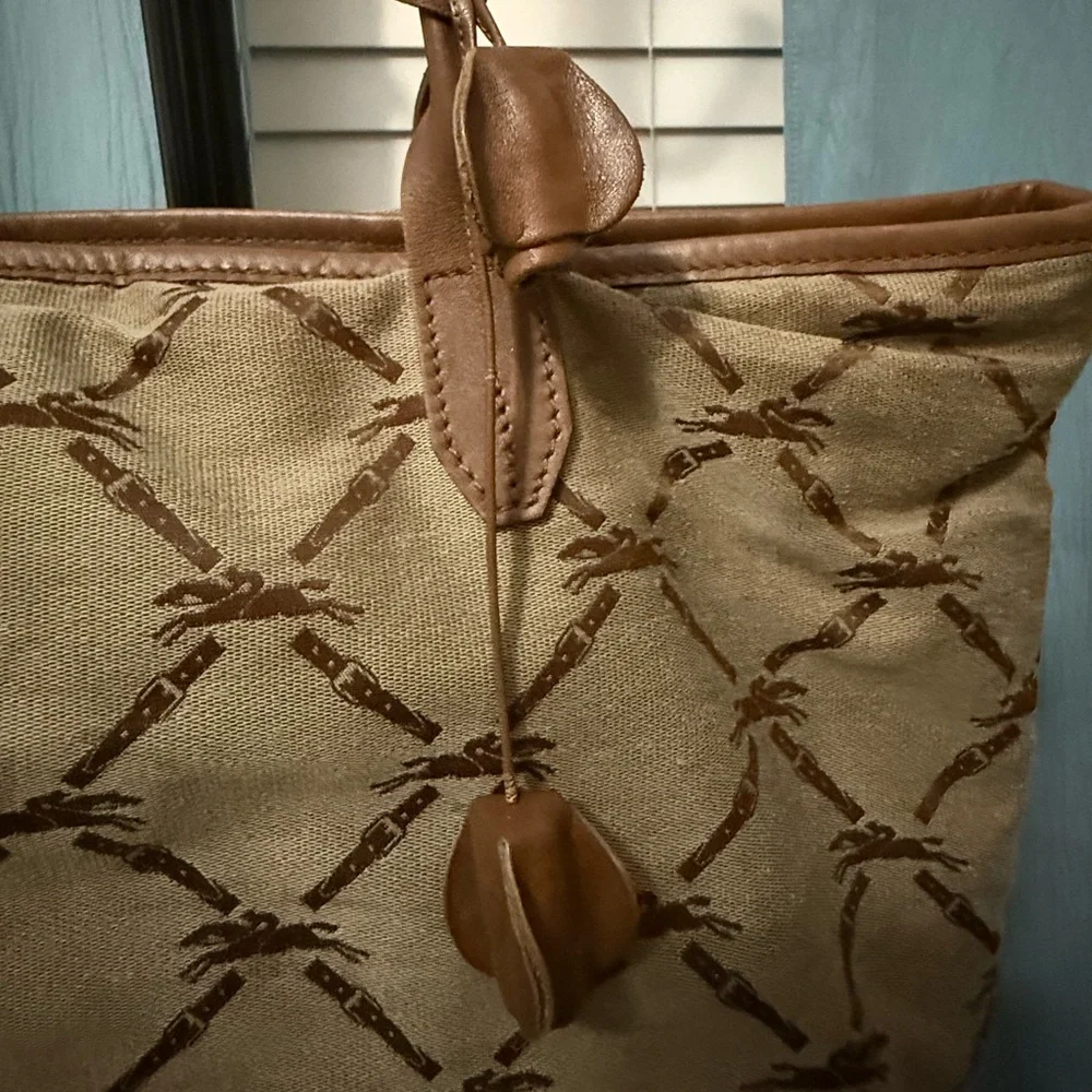 Longchamp Beige Canvas Tote with Brown Leather Trim